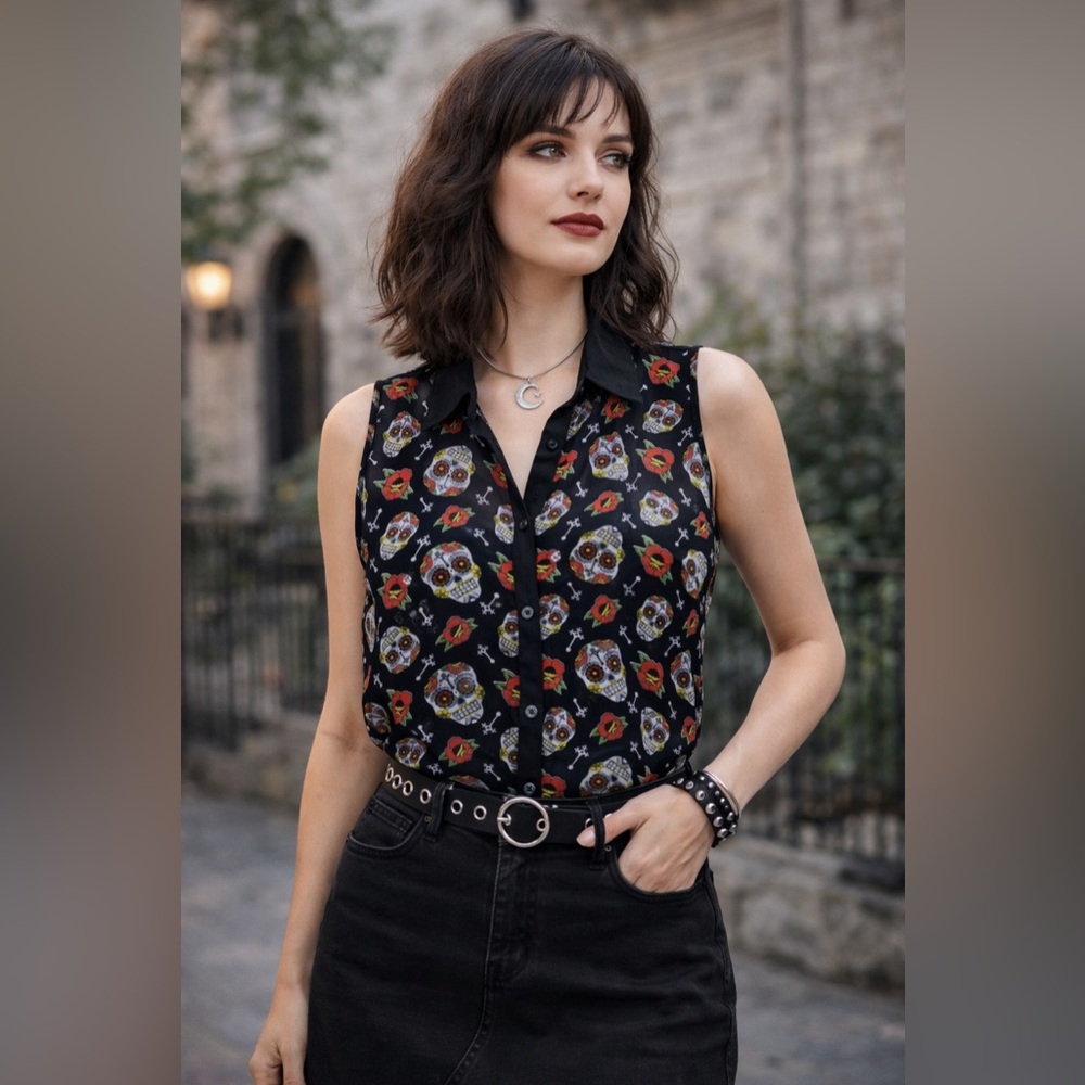 Hot Topic Sugar Skull Rose Sheer Chiffon Button Front Blouse Goth Large